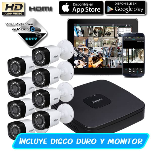 Paquete 8 Cámaras de seguridad HD 720p HDCVI con Disco Duro Monitor